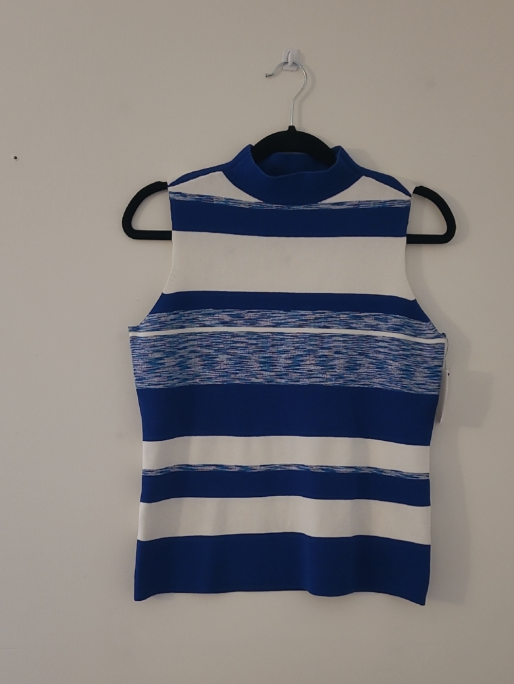 Nine West Blue and White Striped Sleeveless Mock Neck Top